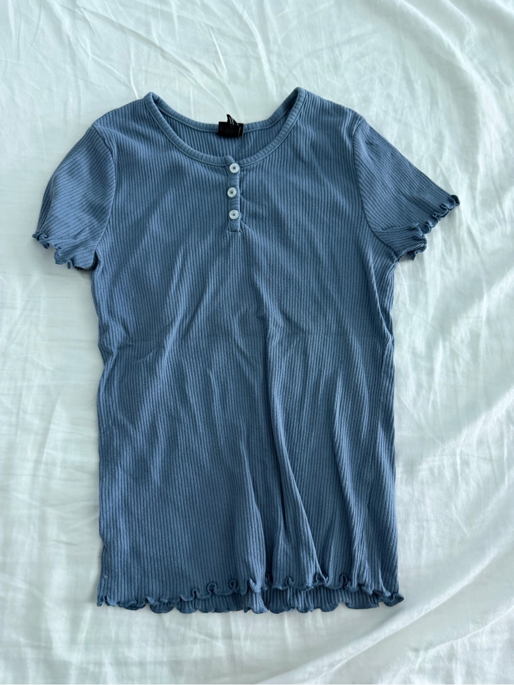 Ribbed Blue Henley Short-Sleeve Top